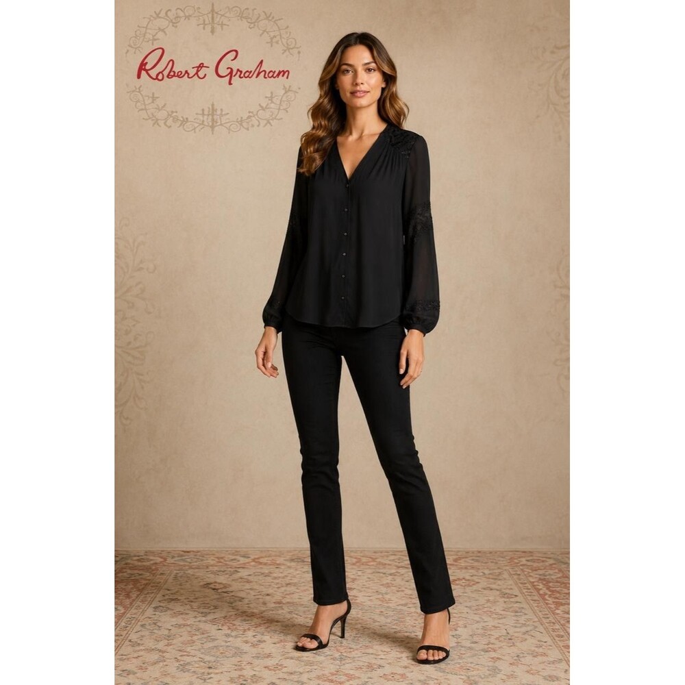 ROBERT GRAHAM Women’s Button Front Top Blouse Black MEDIUM‎ Boho 100% Silk Shirt